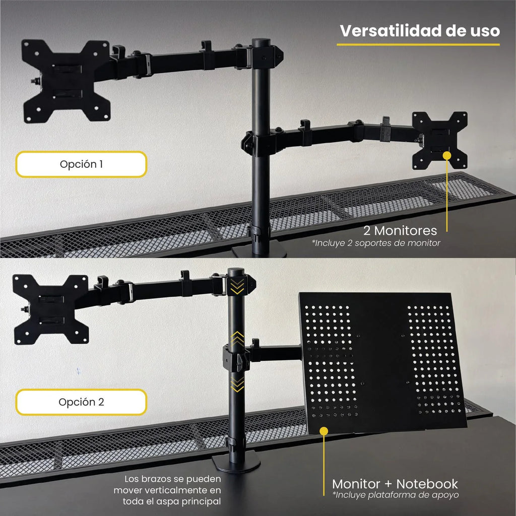 Soporte Brazo Doble Monitor Notebook Escritorio Negro LEVO