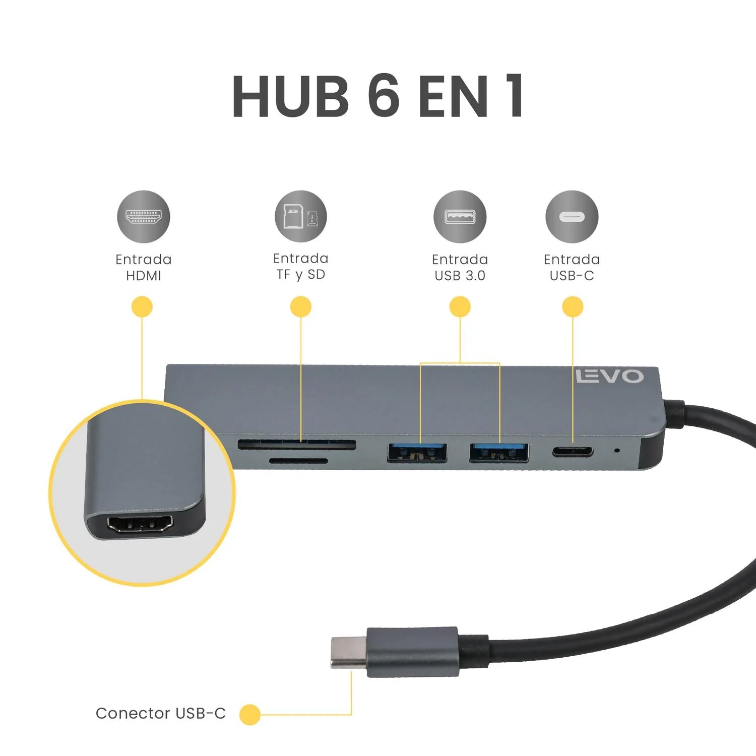 Hub USB-C Adaptador Multipuerto 6 en 1 Macbook Windows LEVO