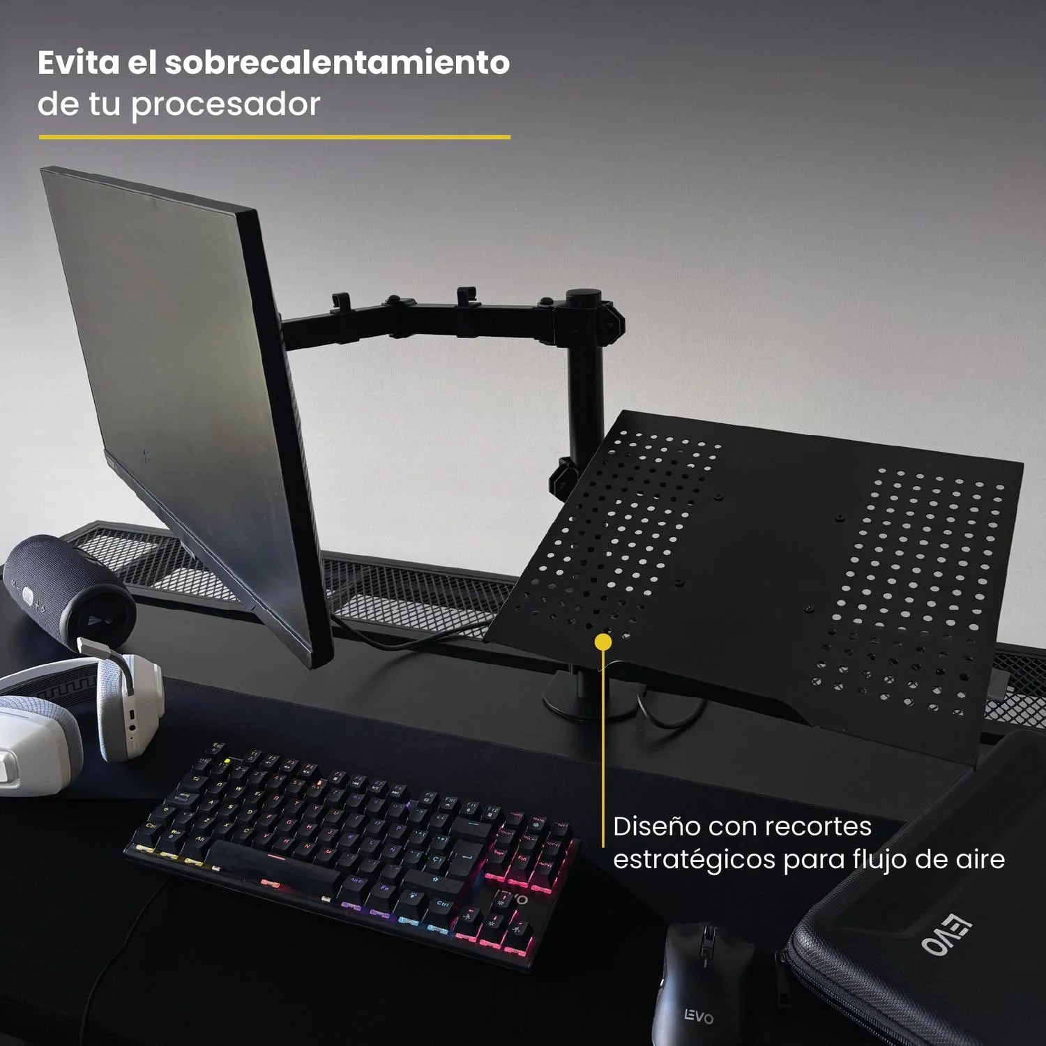 Soporte Brazo Doble Monitor Notebook Escritorio Negro LEVO