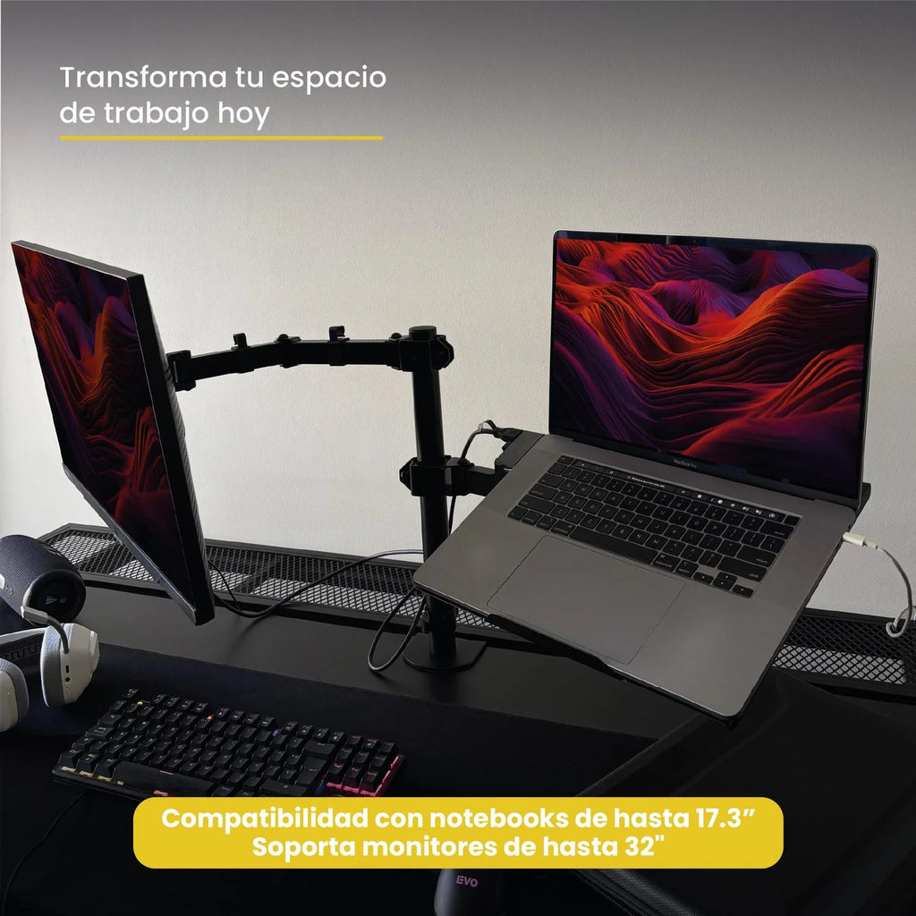 Soporte Brazo Doble Monitor Notebook Escritorio Negro LEVO