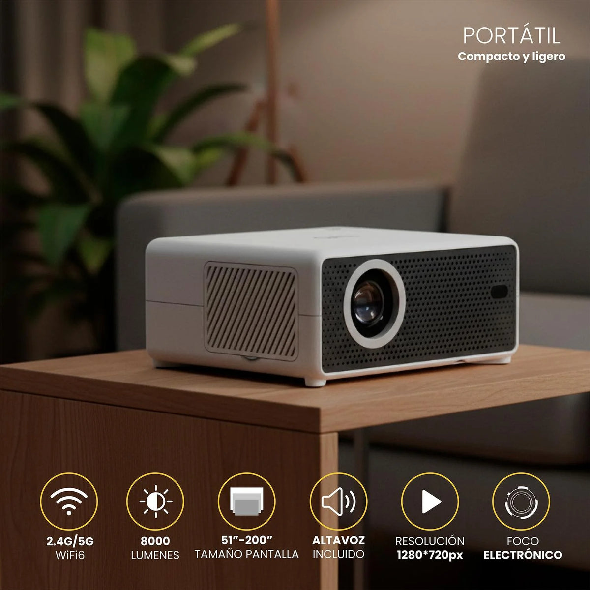 Proyector Portatil Smart Hexa 8000lm WiFi BT Android LEVO