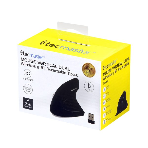 Mouse Vertical Dual Wireless Y Bluetooth Recargable Tipo-C, Negro