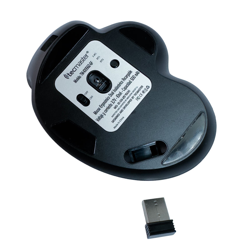 Mouse Ergonómico, Bluetooth + Wireless Recargable, Negro/Gris