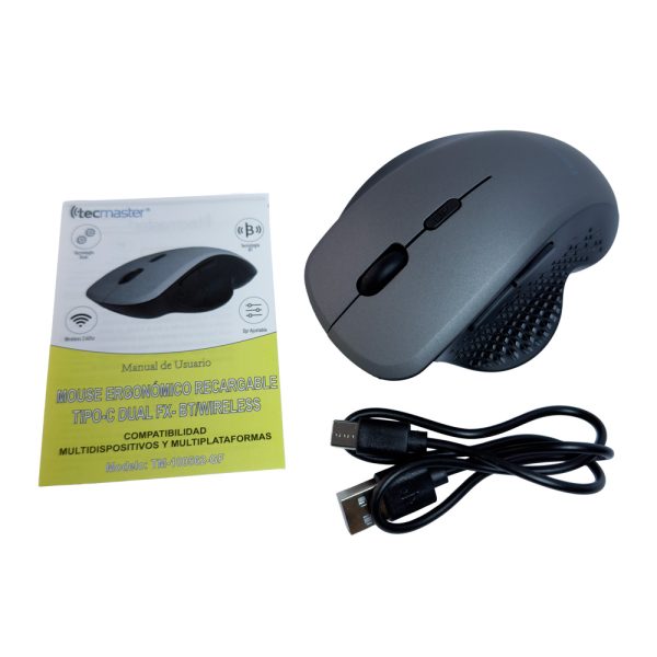 Mouse Ergonómico, Bluetooth + Wireless Recargable, Negro/Gris