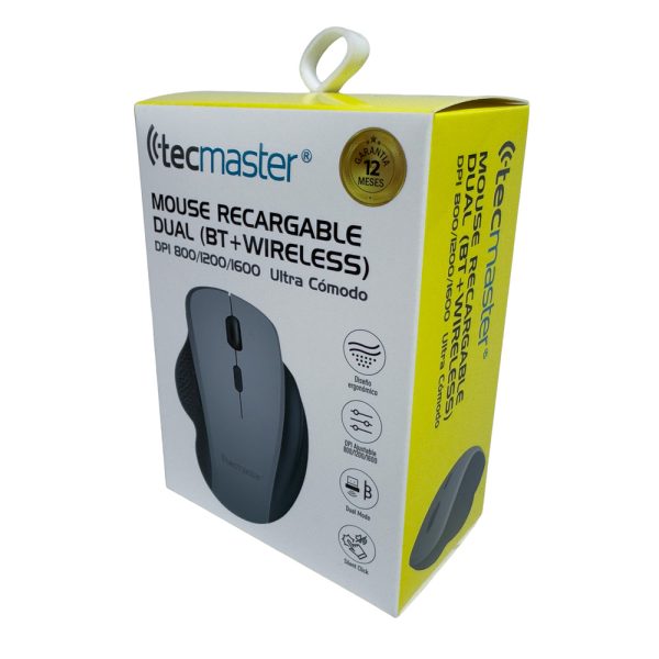 Mouse Ergonómico, Bluetooth + Wireless Recargable, Negro/Gris