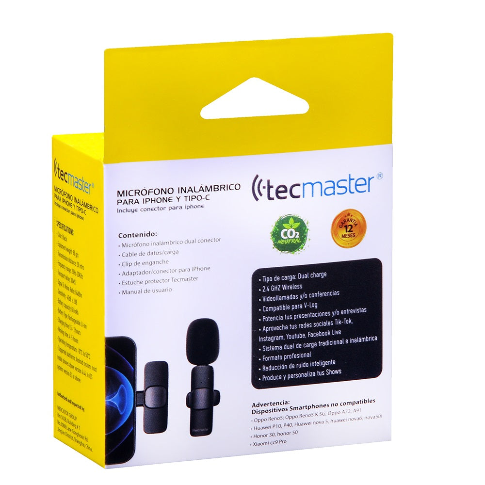 Micrófono Inalámbrico para Smartphones -  Iphone y Android  - Tecmaster